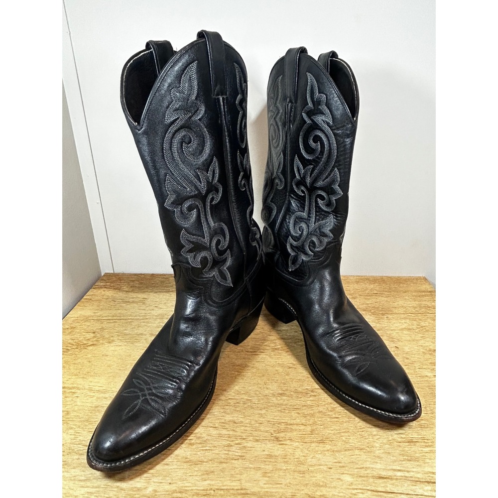 Justin Mens Black Leather Western Cowboy Boots Grey Stitch Pointed Toe Size 9.5D